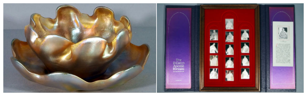 Louis Comfort Tiffany Iridescent Favrile Bowl and Franklin Mint Solid Sterling Silver El Greco Apostle Portraits
