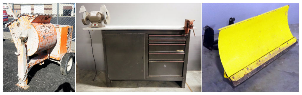 cement mixer, utility cabinet and sander