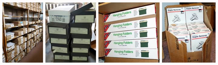 reams of printing paper, hanging folders and staple removers