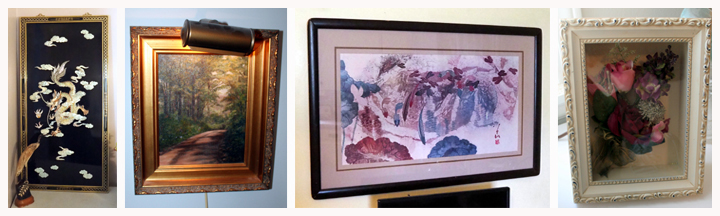 Mother Of Pearl Inlaid Wall Panel With Chinese Dragon, Framed Oil Painting Of Forest Path By Lo Rene