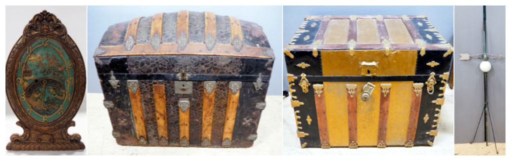 Decorative Table/Wall Clock With Oriental Style Face, Antique Camelback Trunk, and Antique Trunk With Tin Overlay And Wood Bumpers