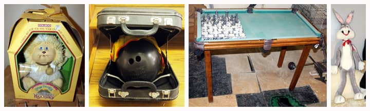 toy doll, bowling ball, and game table with chess board	