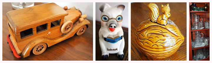 Carved Wood Model Car, KC Arts Statuary Co Plaster Pig Coin Bank, and Nut With Squirrel Cookie Jar