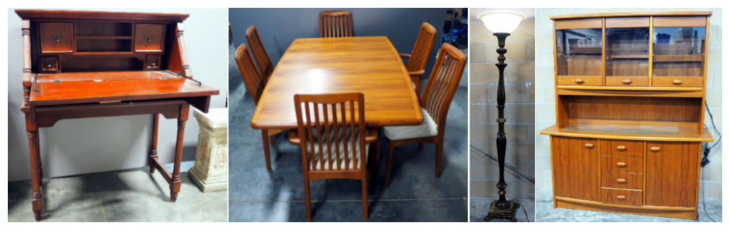 Secretaries Desk, Benny Linden Design Dining Table With 6 Chairs, and Mid-Century Modern Illuminated China Cabinet