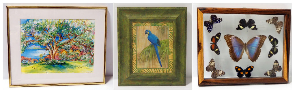 Gillian Gobinet Print Of Hillside And Water Scenes, Print Of Macaw By Menkins, Double Sided Shadow Box With Butterflies