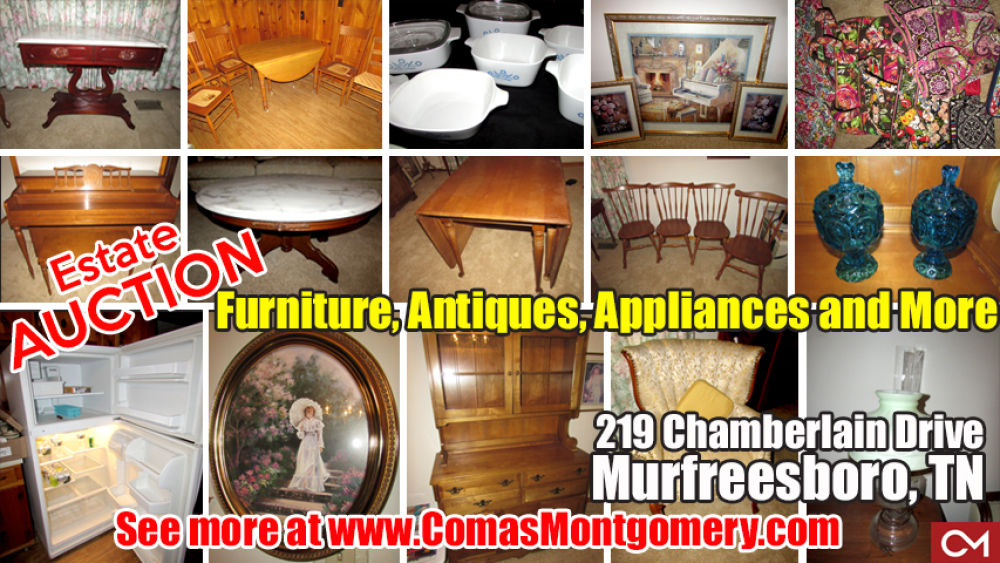 Estate, Auction, Comas, Montgomery, Lester, Chamberlain, Murfreesboro, Tennessee, Furniture, For Sale, Antiques, Glassware, Appliances