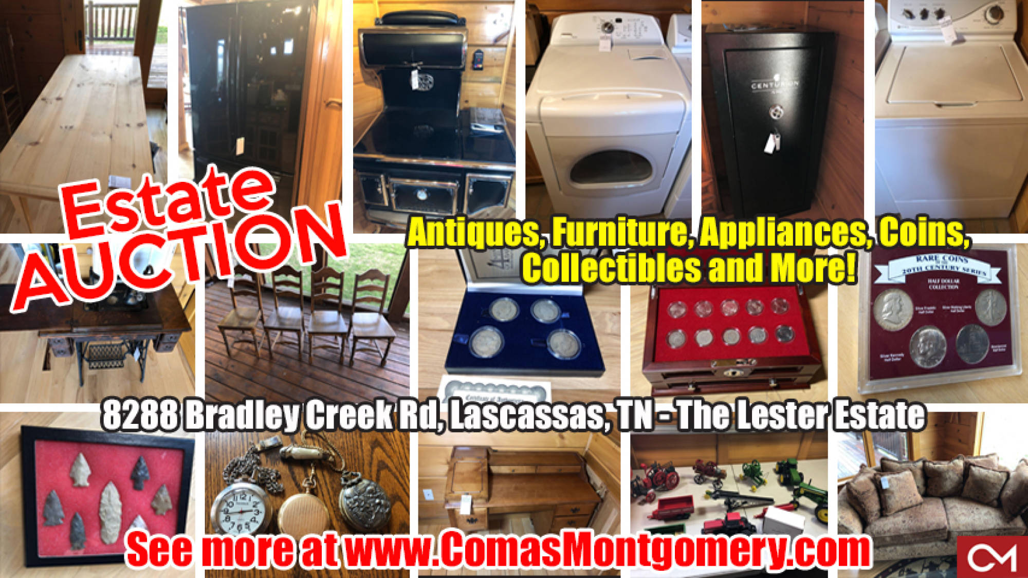Furniture, Appliances, For Sale, Auction, Estate, Sale, Lester, Bradley, Coins, Collectibles, Knives, Firearms, Antiques, Model, Cars, Tractors, Arrowheads, Watches, Tools, Equipment, Lascassas, Tennessee, Comas, Montgomery