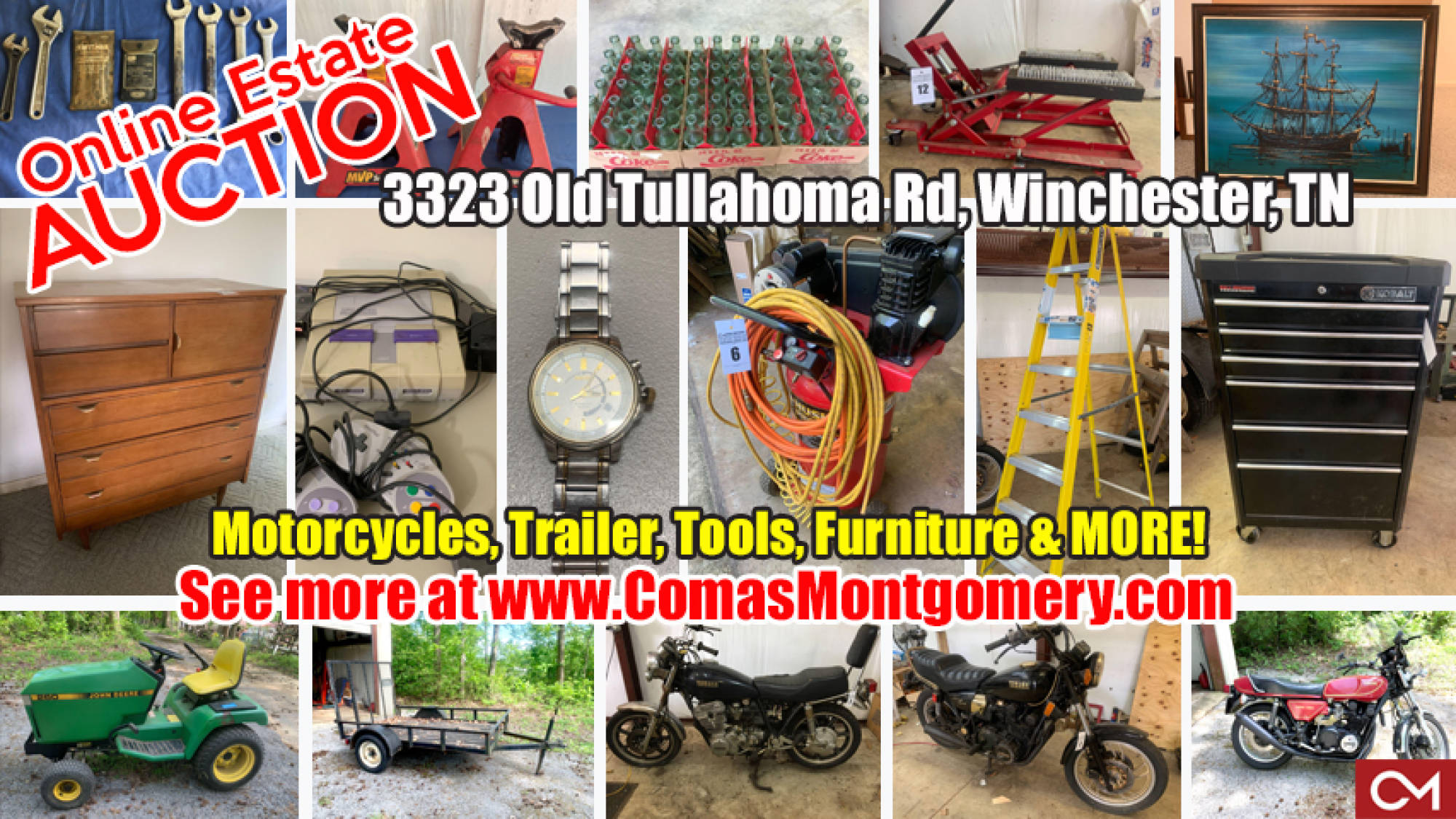 Harley, Davidson, Motorcycle, Motorcycles, Motorbikes, For Sale, Trailer, John Deere, Furniture, Tools, DeWalt, Coca-Cola, Collectibles, Appliances, Nintendo, Electronics, Watches, Jacks, Auto, Repair, Estate, Auction, Sale, Bid, Online, Winchester, Franklin County, Tennessee, Comas, Montgomery