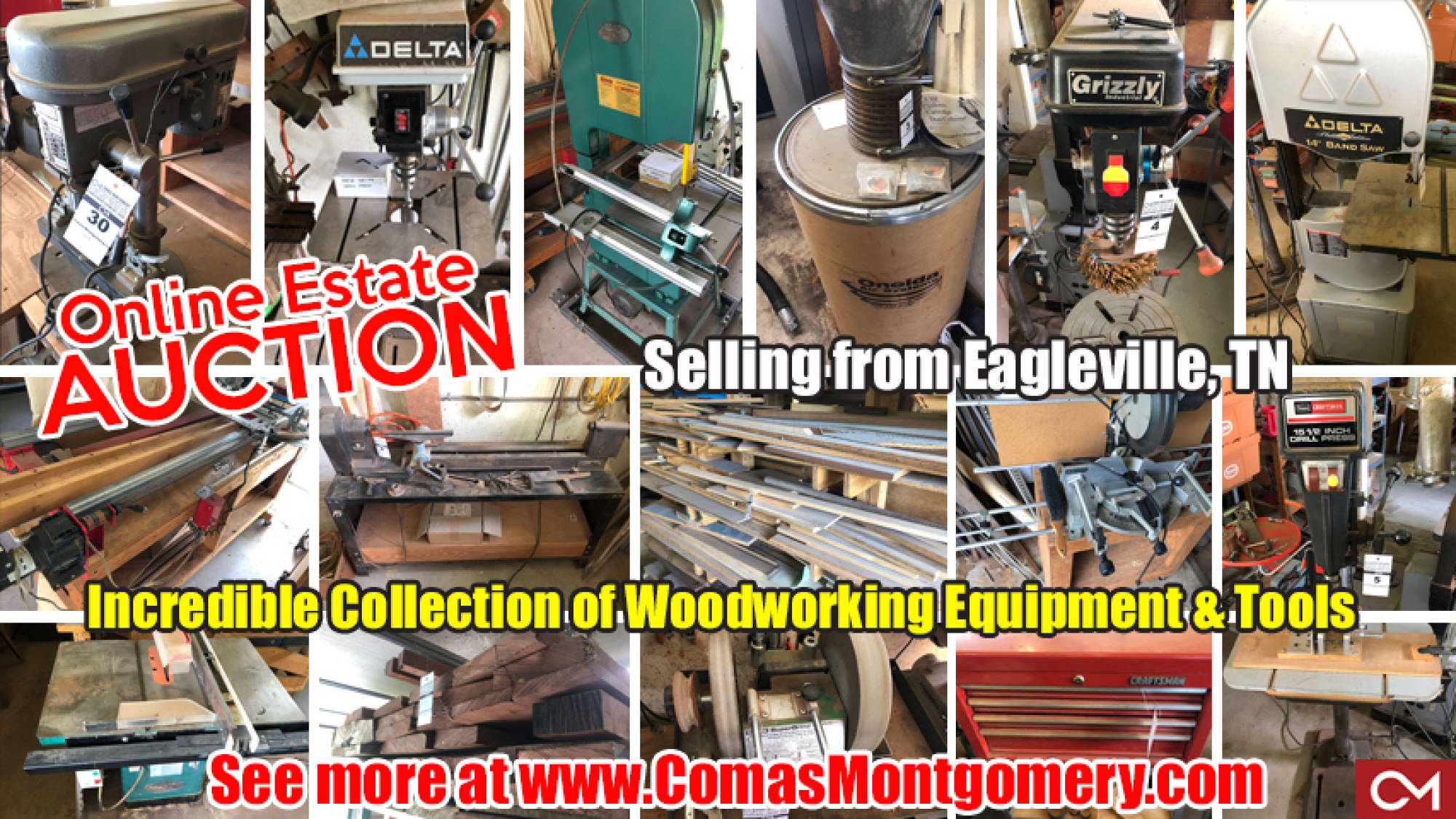 Woodworking, Tools, Equipment, For Sale, Lathes, Grinders, Hand Tools, Auction, Estate, Sale, Comas, Montgomery, Eagleville, Tennessee, Lynch, Legacy, Grizzly, Oneida, Delta, Rockwell, Dayton, Wilton, Tormek, Wood, Lumber, Craftsman, Craft, Hardware