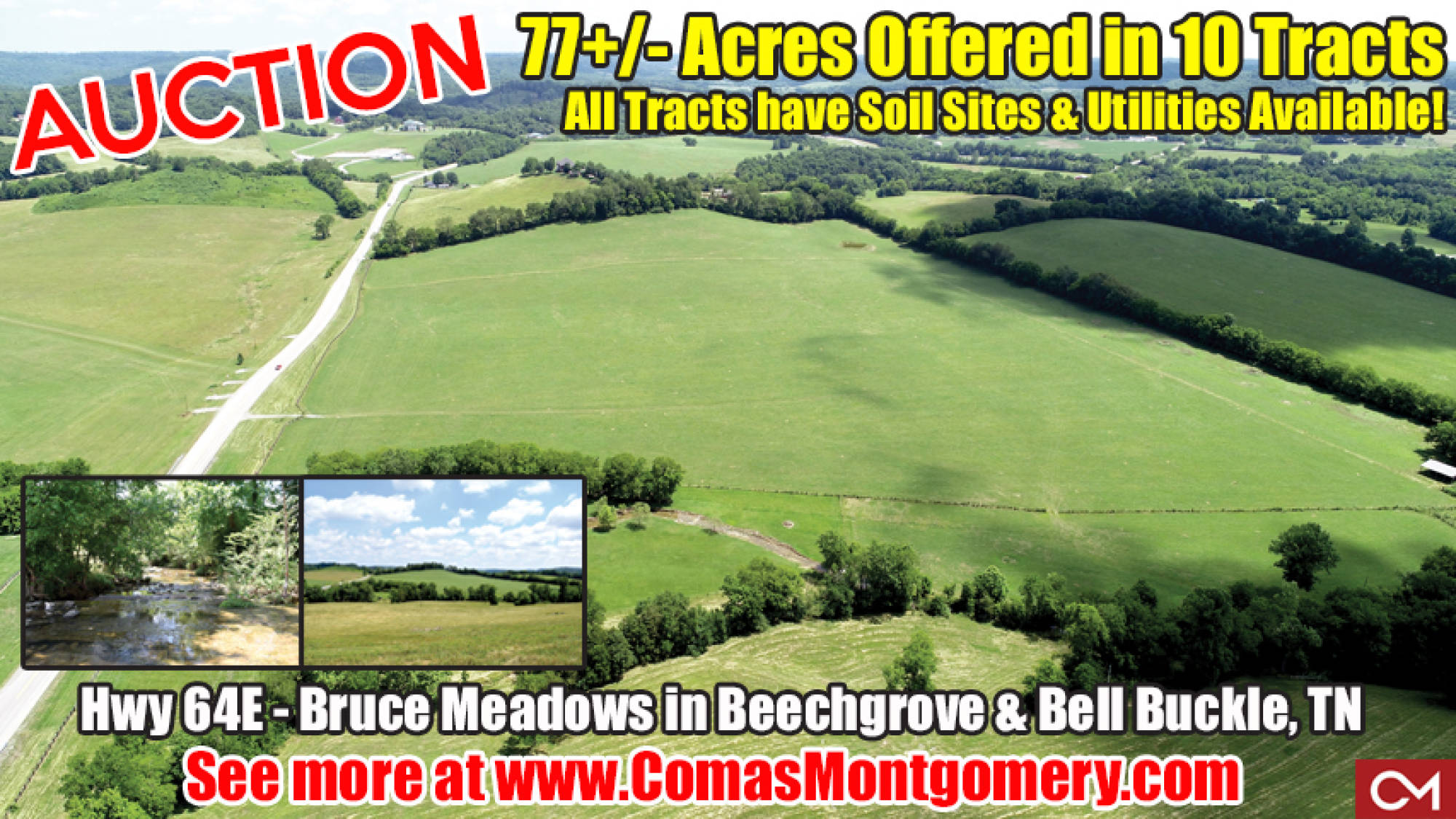 Land, Tracts, Acres, Beechgrove, Bell Buckle, Webb School, Real Estate, For Sale, Auction, Tennessee, Comas, Montgomery, Creek, Pond, Barn, Pasture