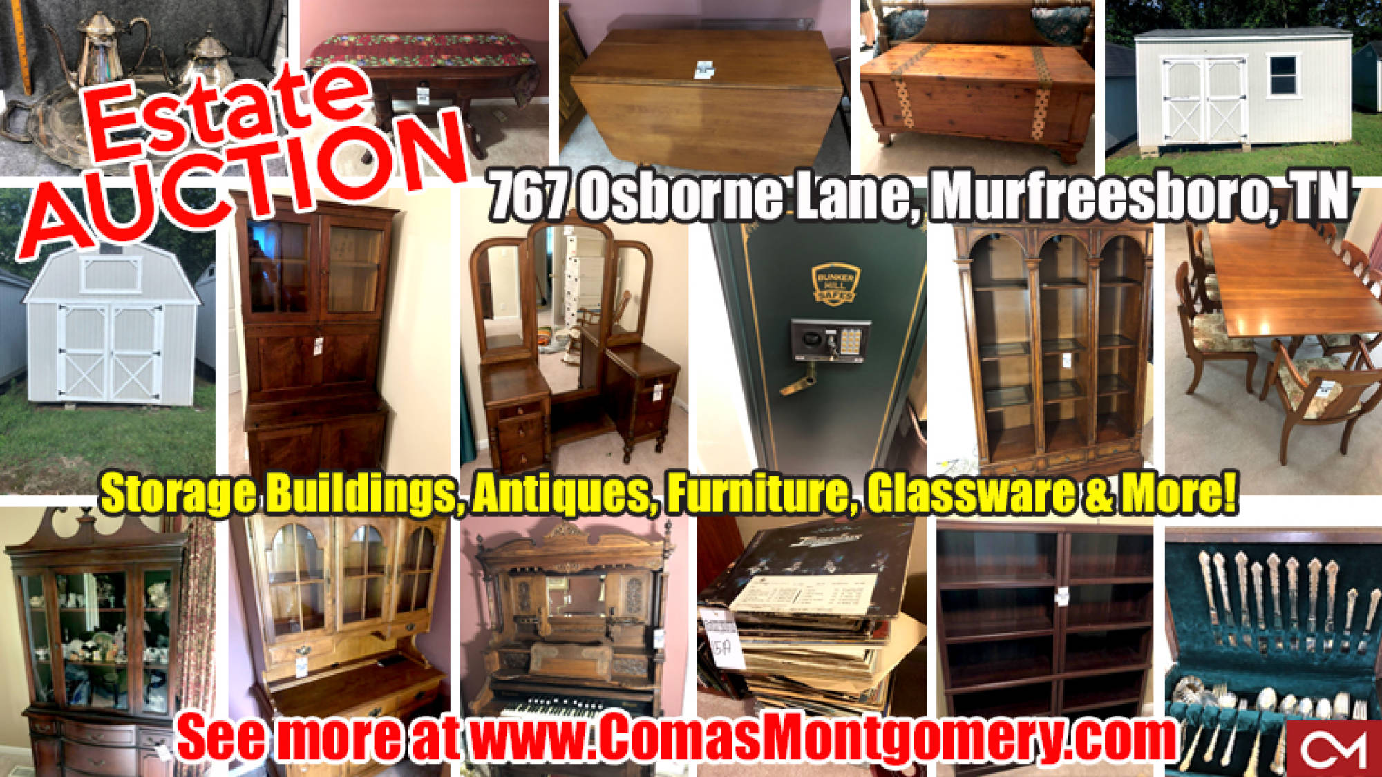 Furniture, Antiques, Storage Building, Glassware, Estate, Auction, For Sale, Murfreesboro, Tennessee, Comas, Montgomery, Silverware, Records, Tools, China Cabinet, Bedroom Suite, Appliances