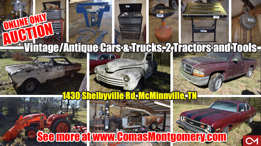Auction, Antique, Vintage, Cars, Automobiles, Trucks, Kubota, Tractor, Tractors, Cars, Trucks, Automobiles, For Sale, Collectible, Salvage, Parts, Tools, Automotive, Comas, Montgomery, Property, McMinnville, Warren, County, Tennessee, Shelbyville, Murfreesboro, Nashville