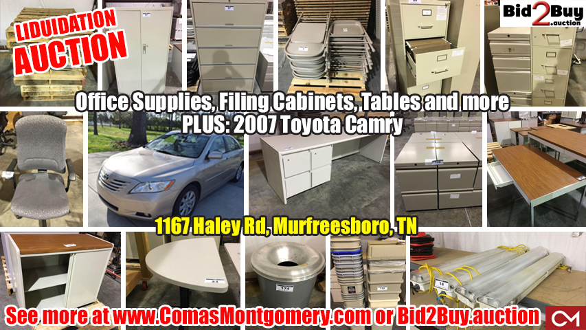 Liquidation, Auction, Office, Equipment, Furniture, Supplies, Tables, Chairs, Cabinets, Filing Cabinet, Toyota, Camry, Car, Automobile, For Sale, Murfreesboro, Tennessee, Comas, Montgomery
