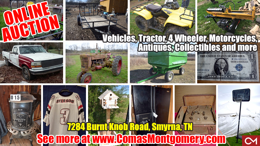 Comas, Montgomery, Auction, Lawn, Tractor, 4 Wheeler, Equipment, Mower, Appliances, Clothes, Jewelry, Collectibles, Sports, Baseball, Football, Basketball, Figures, Cards, Comic Books, Antiques, Vintage, Items, Housewares, Accessories, Estate, Auction, Smyrna, Murfreesboro, Nashville, Tennessee