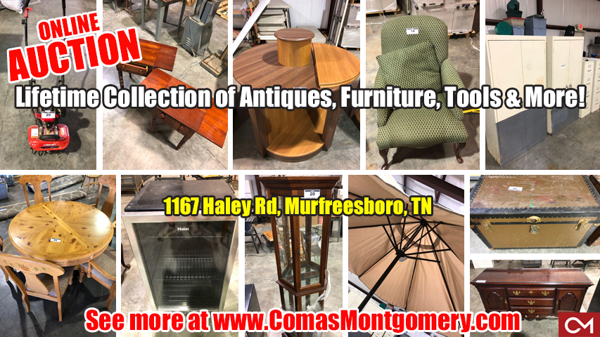 Auction, Online, Bidding, Warehouse, Liquidation, Bid2Buy, Comas, Montgomery, Banner, Estate, Sale, Tools, Antiques, Furniture, Collectibles, Housewares, Appliances, Murfreesboro, Tennessee