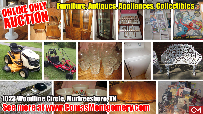 Antiques, Furniture, Appliances, Kayak, Lawn Mower, Milk Glass, Glassware, Comic Books, Go-Cart, Marvel, Auction, Estate, Murfreesboro, Tennessee, Comas, Montgomery