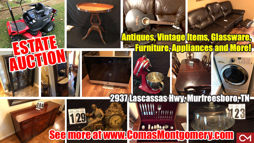 Auction, Estate, Sale, Antiques, Glassware, Furniture, Appliances, For Sale, Murfreesboro, Tennessee, Comas, Montgomery