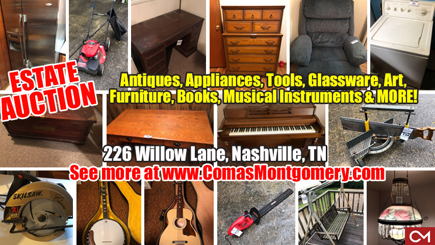 Estate, Sale, Auction, Nashville, Tennessee, Comas, Montgomery, Willow, Cantrell, Antiques, Appliances, Tools, Glassware, Art, Furniture, Books, Musical Instruments, For Sale