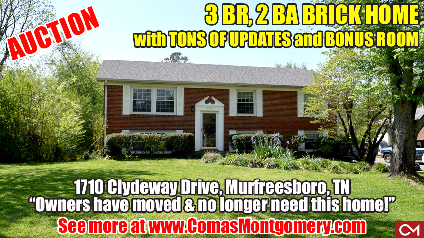 Home, Brick, For Sale, Updates, Bonus Room, Murfreesboro, Tennessee, Comas, Montgomery, Auction