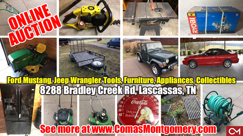 Auction, Estate, Tools, Ford, Mustang, Tools, Jeep, Wrangler, Furniture, Appliances, Collectibles, Comas, Montgomery, Tennessee